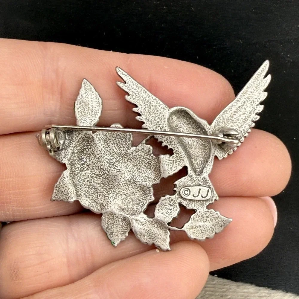 Vintage‎ JJ Brooch Silver Tone Enamel Hummingbird Flower Spring Bird
